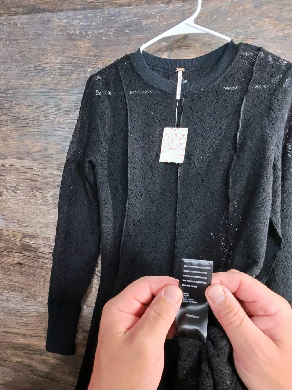 Free People Black Lace Panel Long Sleeve Blouse